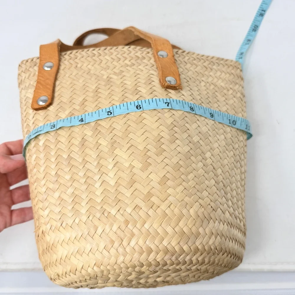 Unbranded Woven Straw Tote Bag Tan Small Beach Summer Boho Basket Leather Handle